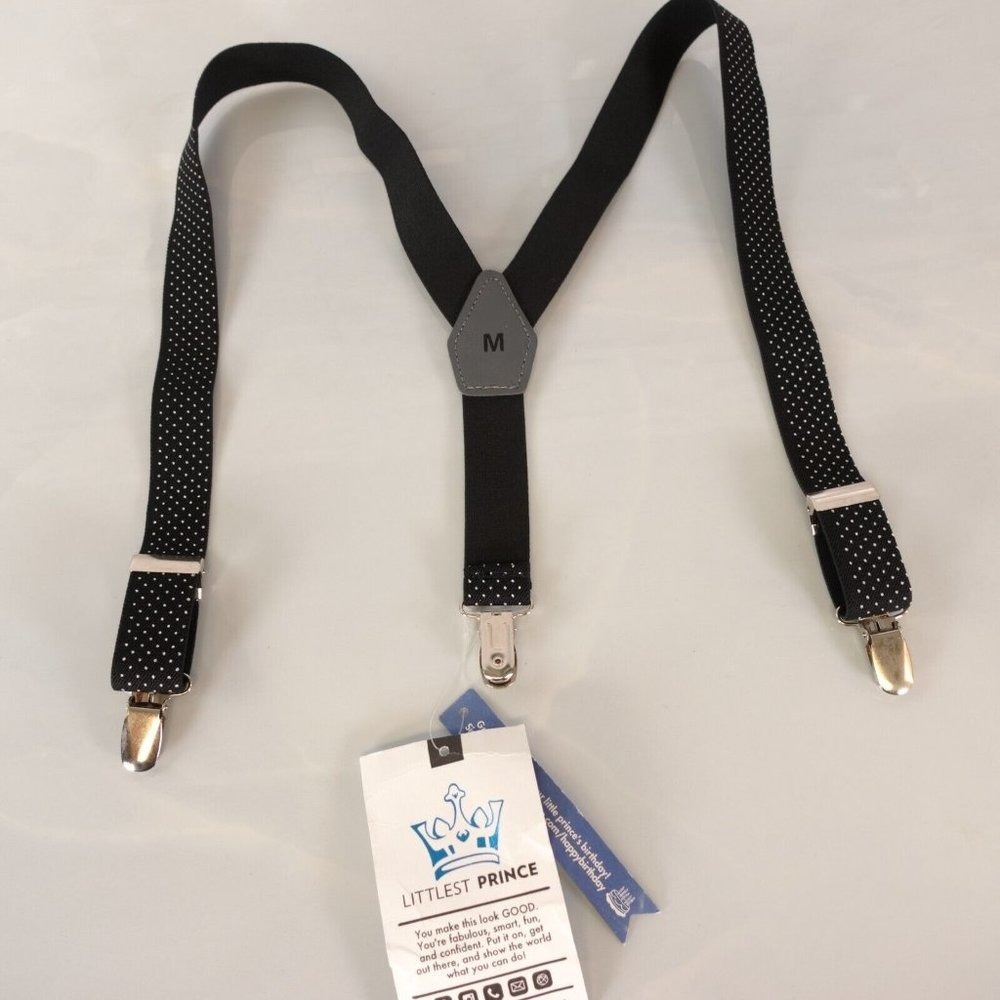 LITTLEST PRINCE Clip Suspenders Boys MEDIUM Black White Polka Dot Y‎ Back NEW